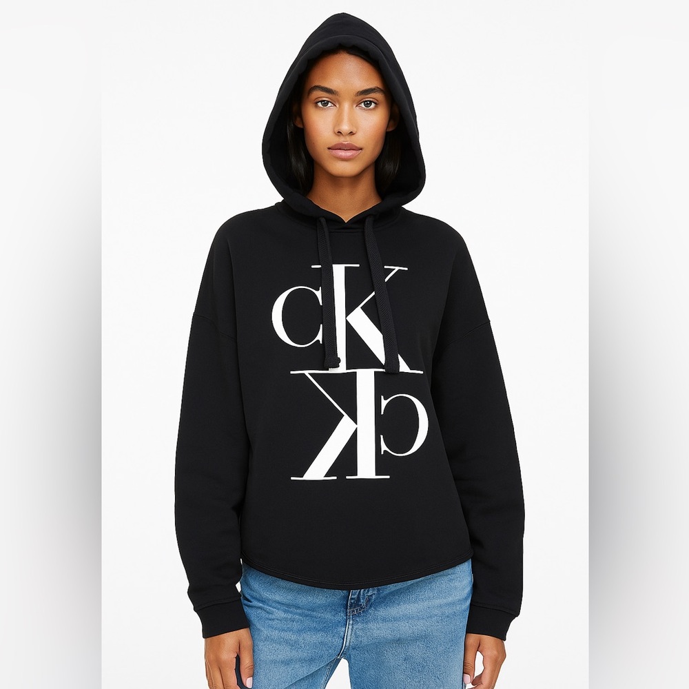 CALVIN KLEIN JEANS Black and White Logo Crop Hoodie L/XL